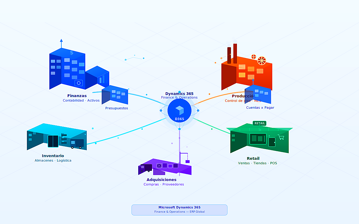 Dynamics 365 Finance and Operations — Ciudad ERP isométrica
